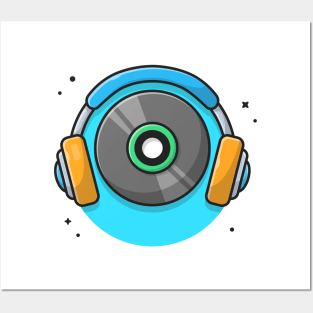 Music Vinyl with Headphones Music Cartoon Vector Icon Illustration Posters and Art